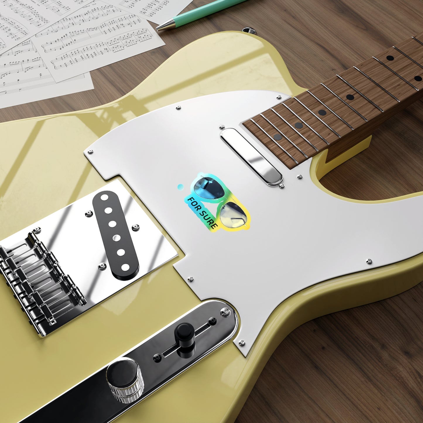 Holographic Sunglasses Die-Cut Sticker — "For Sure" Reflective Skateboard Decal Printify